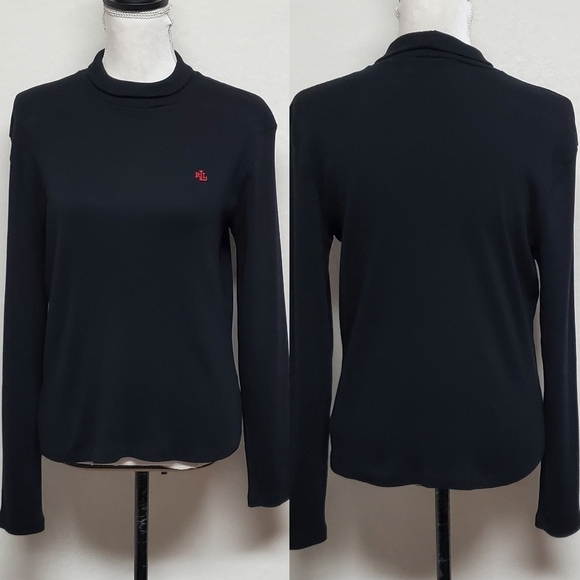 VINTAGE 90s Lauren Ralph Lauren Black Ribbed Knit Mock Neck Long Sleeve Tee Med - Picture 1 of 11